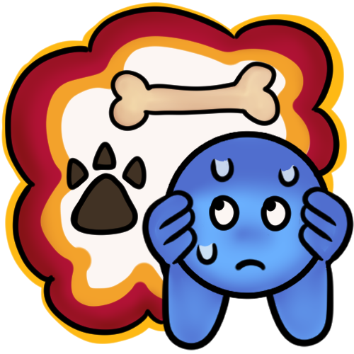 a blue figure with a frightened expression and sweatdrops covering their ears and hiding from a big thought bubble with a red and yellow outline. inside the bubble are a bone and a pawprint.